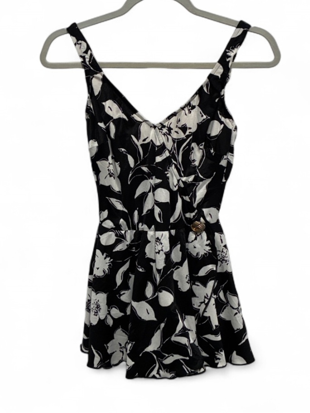 Vintage Black and White Floral V-Neck One Piece Swim Dress